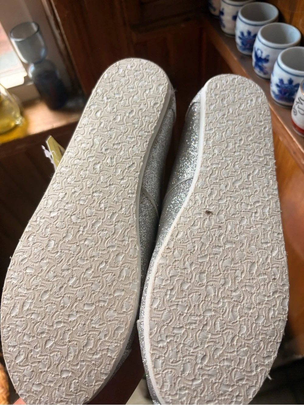 TOMS Women’s Glitter Slip-On Flats in Silver